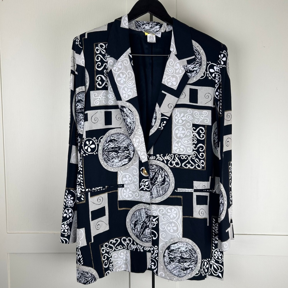 Vintage Blazer Women Medium Rayon Geometric Medallion Print Longline Maximalist
